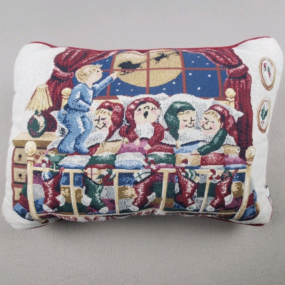 Vintage Tapestry Christmas Decor Pillow Kids in Bed Stockings Santa and Sleigh